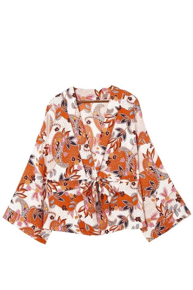 Spice Blossom Floral Wrap Kimono Blouse