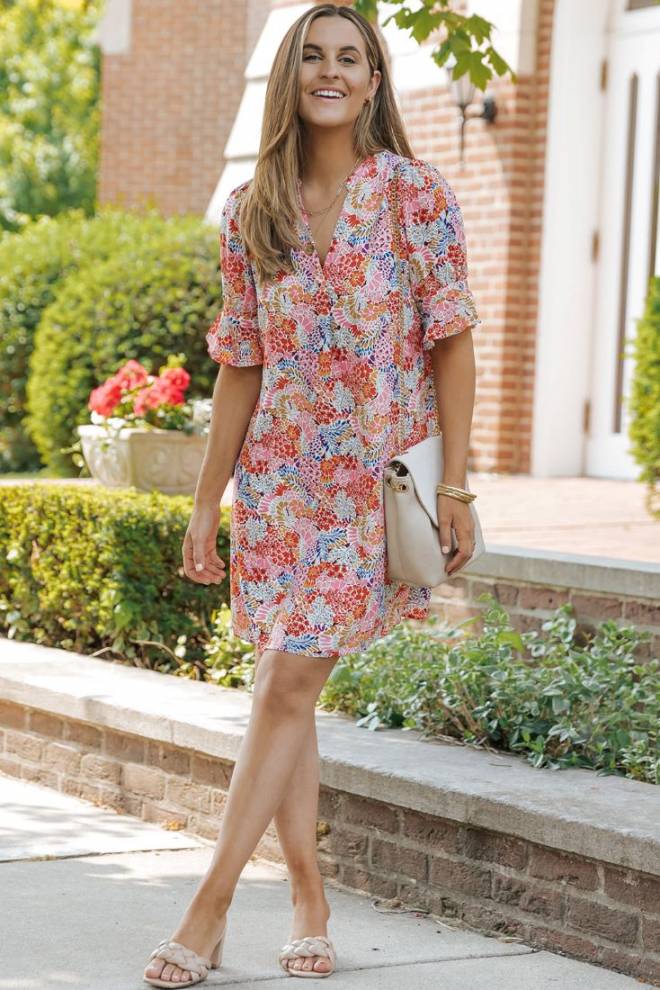 Women's fashion- Boho style-Floral print-Flutter sleeve-Multicolor dress-Summer dress-Bohemian fashion Casual wear- Printed dress- Dress design- Lightweight fabric- Chic style- Colorful dress- Feminine style- Vibrant colors- Floral pattern- Flowy dress- Beachwear- Fashion trend- Day dress- Resort wear