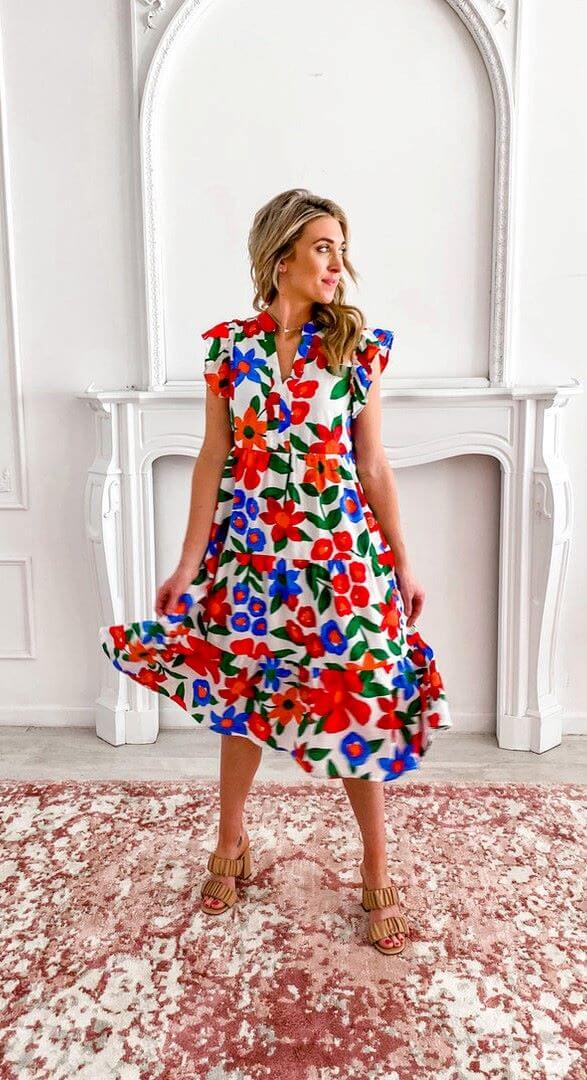Fashion essential- Dress with flair- Romantic style- Dress elegance- Bright summer dress- Cool summer outfit- Day to night dress- A-line silhouette- Unique dress detail- Cotton dress- Easy to wear- Fashionable attire- Party dress- Breezy dress- Floral motif- Fun-filled moments- Endless style- Dress silhouette- Feminine detail- Romantic dress- Tiered midi dress