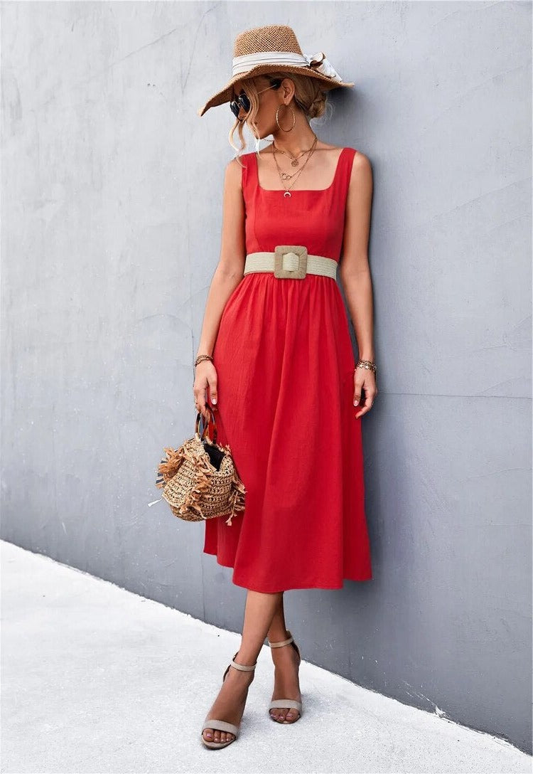 Sleeveless Square-Neck Midi Dress