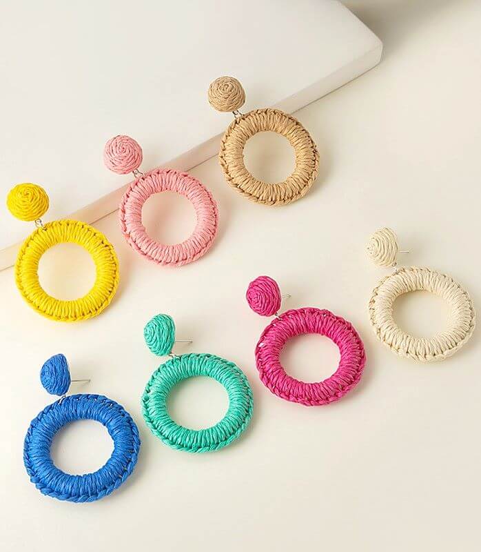 Woven Circular Raffia Drop Earrings