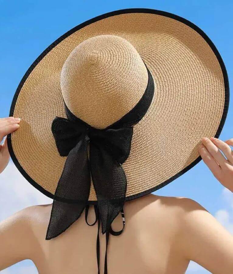 Elegant Sun Wide Brim Straw Hat with Black Trim One Size / Beige