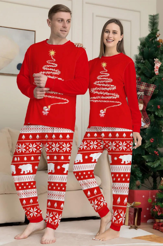 It's a PAJAMA PARTY! Enjoy red Christmas-themed pajamas for everyone in the family. Mom, dad, kids, and baby will love these comfy pajama sets.