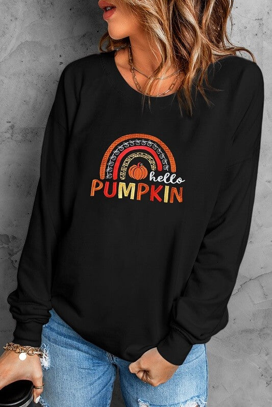 Hello Pumpkin Graphic Embroidered Sweatshirt Fall Tops Jolie