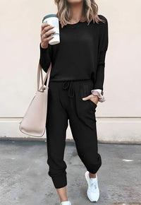 Everyday Lounge Jogger Set Jolie Vaughan | Online Clothing Boutique near Baton Rouge, LA Two-piece set/long sleeve pullover tops/round neck/solid color/long leg pants/drawstring waist/high waist/beam foot/lightweight/loose fit/two-piece tracksuit set/loungewear set/jogger set/casual two-piece set: