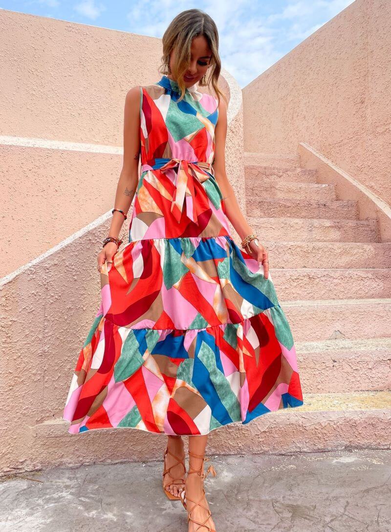 Vibrant Ruffle Detail Sleeveless Ankle-Length Summer Dress X-Large / Multi Vibrant Ruffle Detail Sleeveless Ankle-Length Summer Dress X-Large / Multi