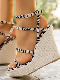 Trendy design sandals-Adjustable fit espadrille sandals-Unique tigers print shoes-Statement-making summer sandals-Tigers print wedge platform sandals-Fashion-forward ankle buckle sandals-Espadrille sandals for LSU and Auburn Tigers fans-Stylish summer footwear with tigers print-Elevated gameday sandals for Tigers fans-Trendy platform sandals for LSU and Auburn supporters