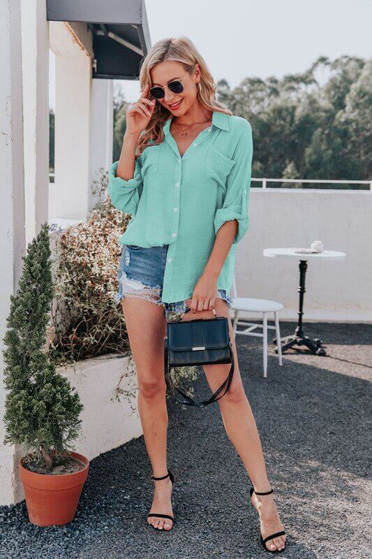Roll-Tab Gauze Button-Down may be worn in several ways: long sleeve, 3/4 sleeve, or with the tabs rolled up to reveal the adorable little button detail.