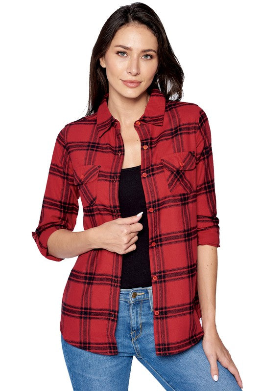 Red Plaid Button Down Long Sleeve Flannel Top freeshipping - Mature Women's Clothing Online | Jolie Vaughan Boutique