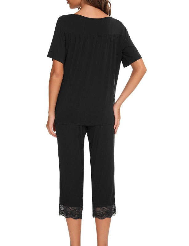 Vintage Lace Square Collar Top and Capris Pajama Set