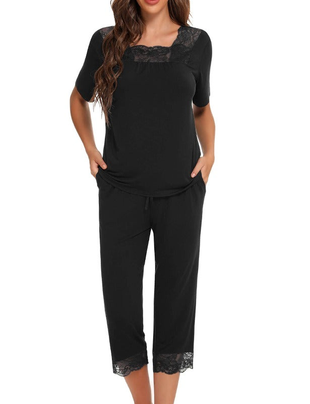Vintage Lace Square Collar Top and Capris Pajama Set