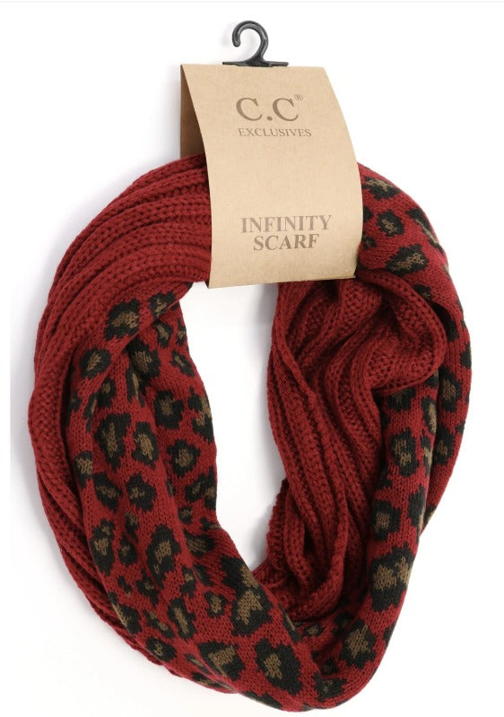 CC Beanie Ribbed Knit 2-Tone Leopard Print Infinity Scarf Scarves