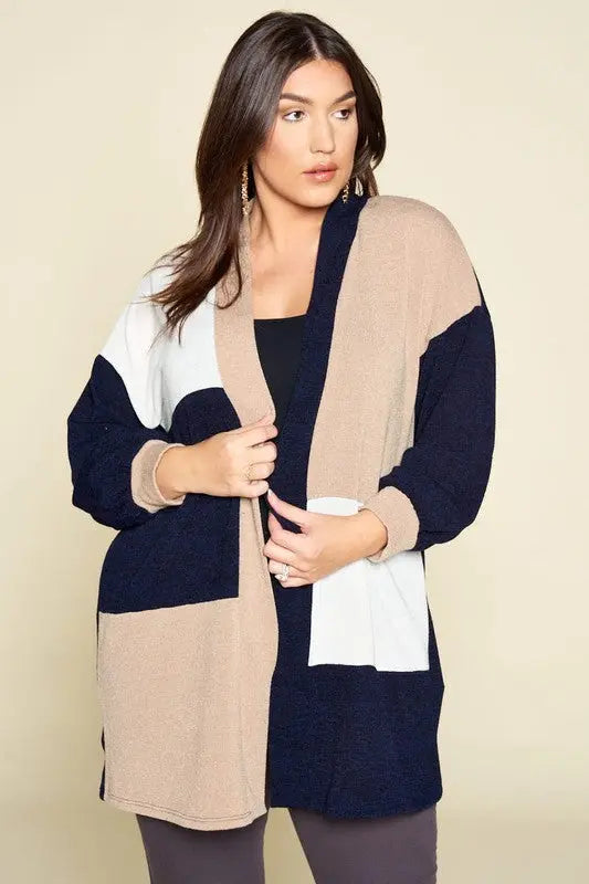 Curvy Girl - Open Front - Plus Size - Womens Cardigan - Curvy-Girl - Color Block -  Open Front - Knit Cardigan - Cuff Detail - Made in the USA Cecilia Colorblock Open Front Cardigan Jolie Vaughan | Online Clothing Boutique near Baton Rouge, LA