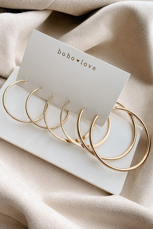 Gold 3-Piece Hoop Earrings Set (Texture & Pattern Mix)
