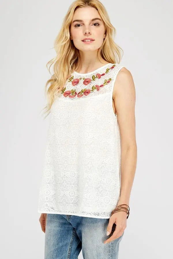 Fancy in Floral Embroidered Boat-Neck Sleeveless Top Jolie Vaughan | Online Clothing Boutique near Baton Rouge, LA