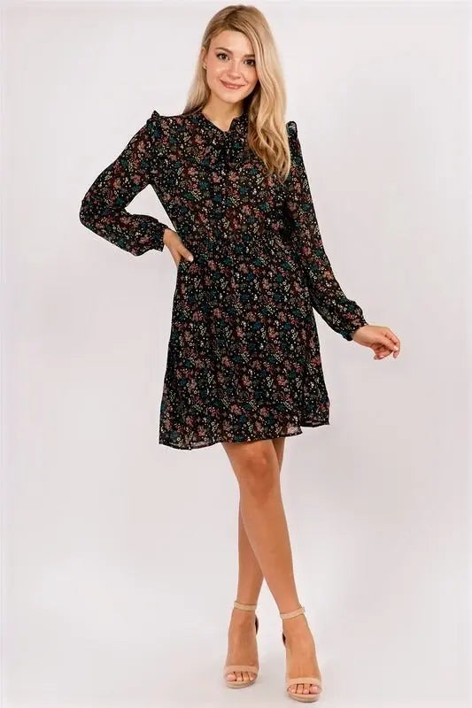 Harper Floral Ruffle Fit & Flare Tie-Neck Dress Jolie Vaughan | Online Clothing Boutique near Baton Rouge, LA