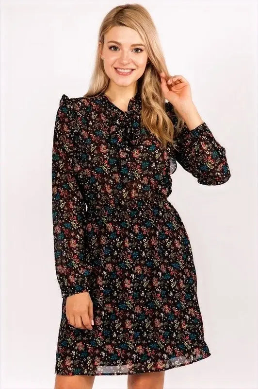 Bachelor opleiding Roos Vesting Harper Floral Ruffle Fit & Flare Tie-Neck Dress Dresses – Jolie Vaughan  Mature Women's Online Clothing Boutique