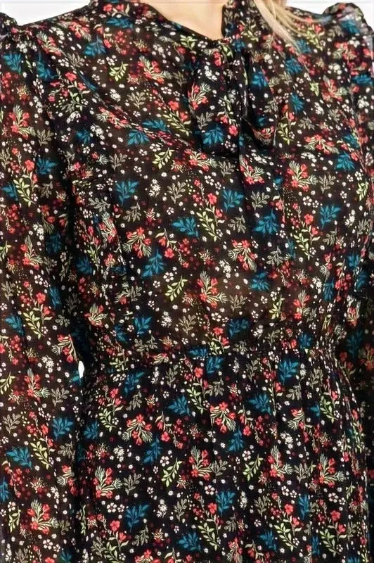 Harper Floral Ruffle Fit & Flare Tie-Neck Dress Jolie Vaughan | Online Clothing Boutique near Baton Rouge, LA