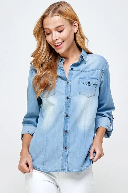 Classic Chambray Denim Shirt Women's Long Sleeve Tops – Jolie