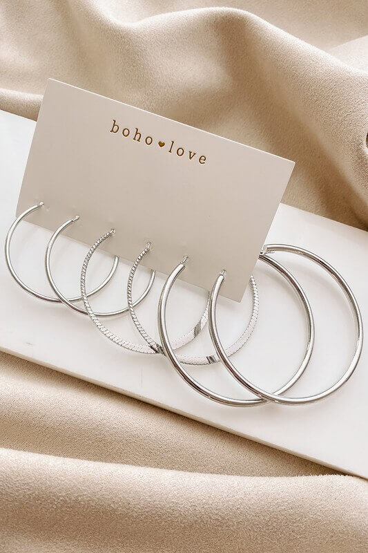 Silver 3-Piece Hoop Earrings Set (Texture & Pattern Mix)