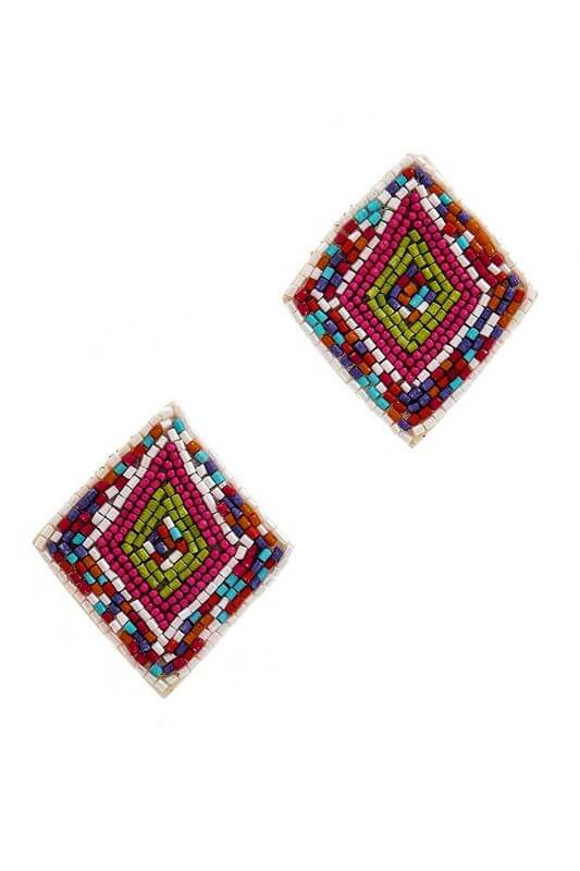 Multi-color Beaded Triangle Earrings are the perfect statement piece for any outfit! Featuring bold colors and intricate beading, these earrings will make a statement and add a pop of color to any ensemble. Post back for comfortable and secure wear. With their unique design, these earrings will be sure to stand out from the crowd!