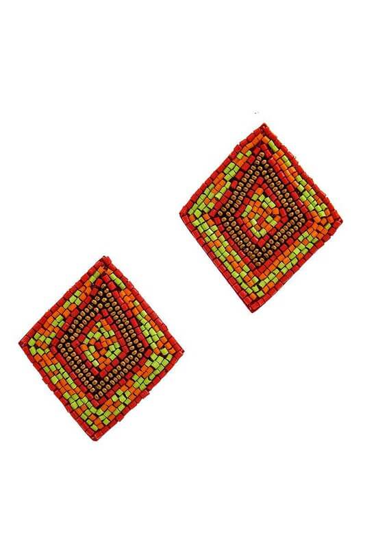 Multi-color Beaded Triangle Earrings are the perfect statement piece for any outfit! Featuring bold colors and intricate beading, these earrings will make a statement and add a pop of color to any ensemble. Post back for comfortable and secure wear. With their unique design, these earrings will be sure to stand out from the crowd!