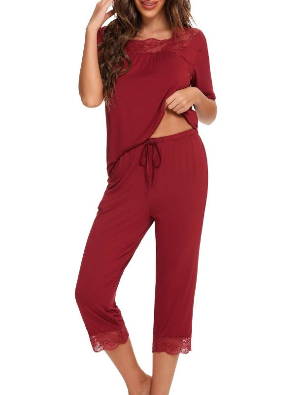 Vintage Lace Square Collar Top and Capris Pajama Set