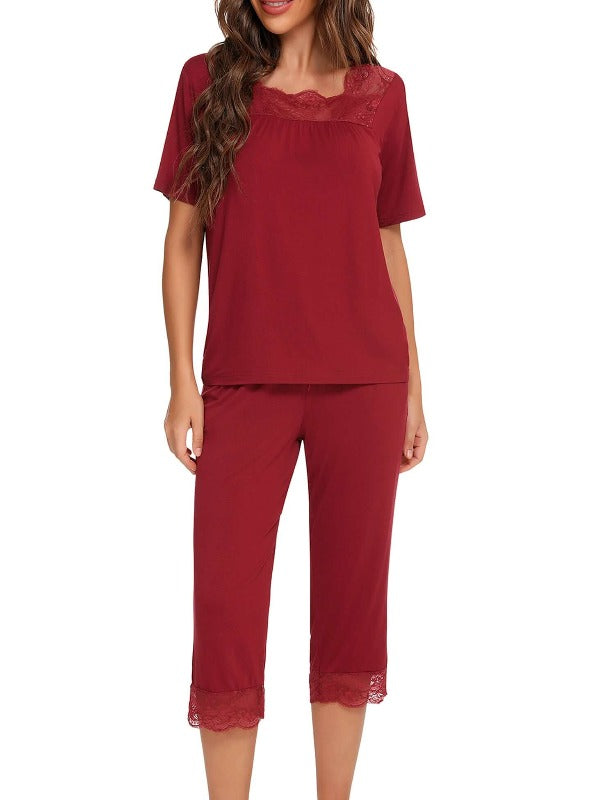 Vintage Lace Square Collar Top and Capris Pajama Set