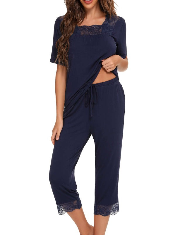Vintage Lace Square Collar Top and Capris Pajama Set