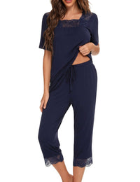 Vintage Lace Square Collar Top and Capris Pajama Set