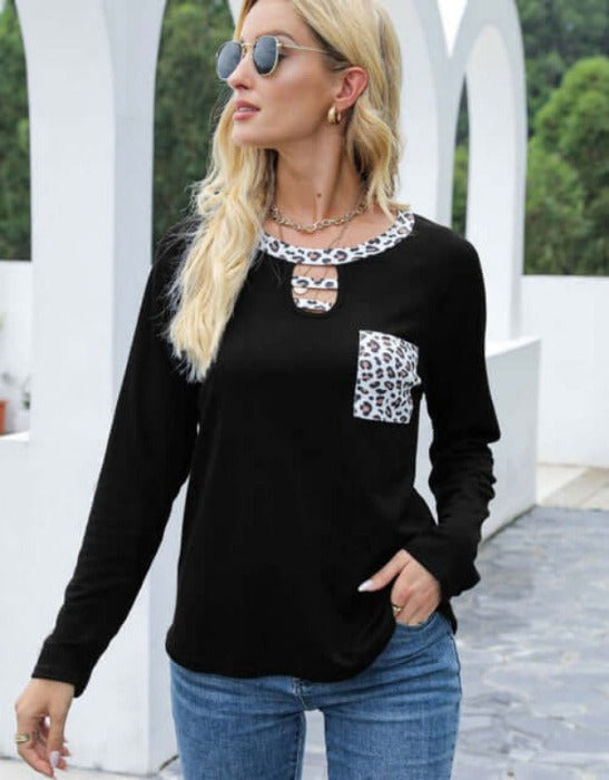 Long Sleeve Keyhole Contrast Pocket Tee Jolie Vaughan | Online Clothing Boutique near Baton Rouge, LA Leopard Print/Animal Print/Cheetah Print Pocket Tee