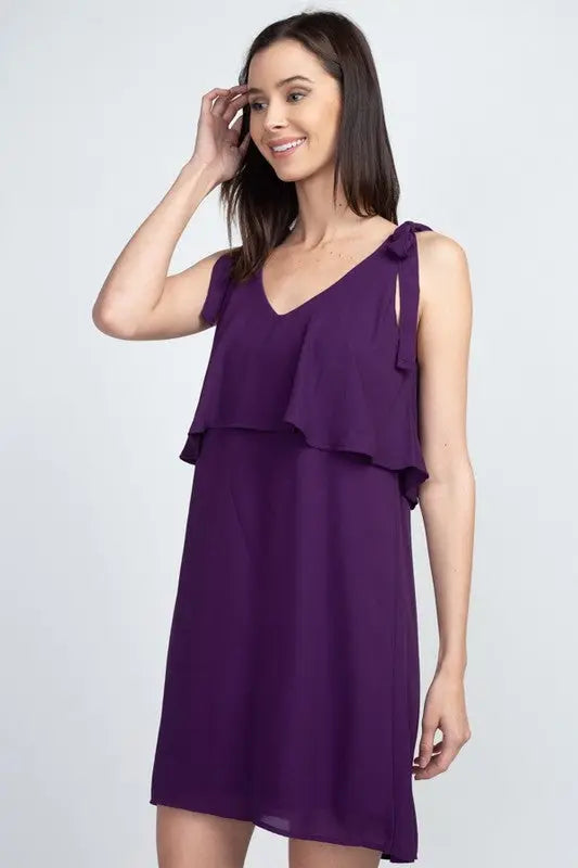 open lace back dress Shoulder-Tie V-Neck Ruffle Shift Dress
