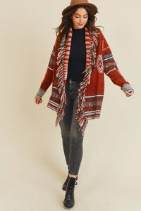 Sienna Aztec Open Front Fringe Cardigan Jolie Vaughan | Online Clothing Boutique near Baton Rouge, LA, on trend, cardigan, layering, add jeans, rich colors, women's clothing, mature women's clothing, clothing for women, afterpay