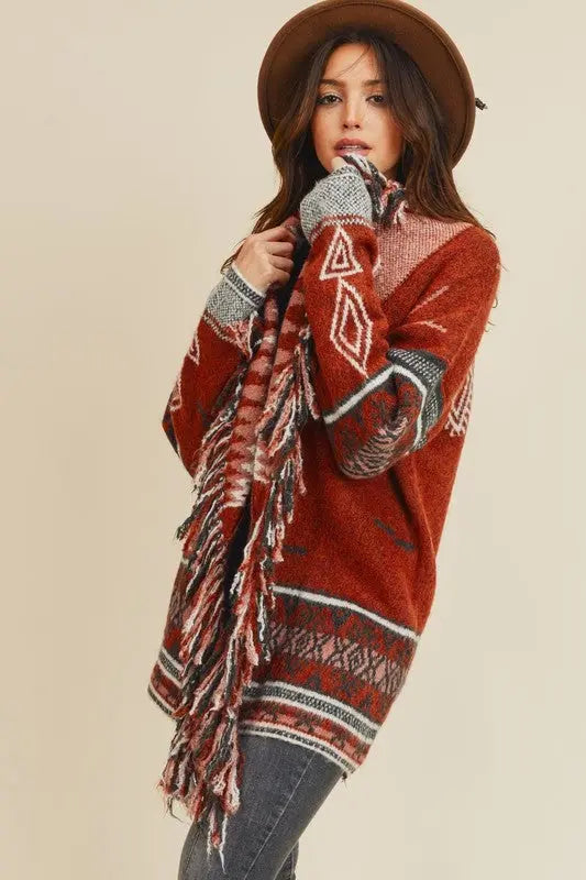 Sienna Aztec Open Front Fringe Cardigan Jolie Vaughan | Online Clothing Boutique near Baton Rouge, LA, on trend, cardigan, layering, add jeans, rich colors, women's clothing, mature women's clothing, clothing for women, afterpay