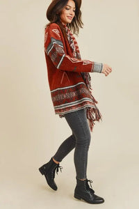 Sienna Aztec Open Front Fringe Cardigan Jolie Vaughan | Online Clothing Boutique near Baton Rouge, LA, on trend, cardigan, layering, add jeans, rich colors, women's clothing, mature women's clothing, clothing for women, afterpay