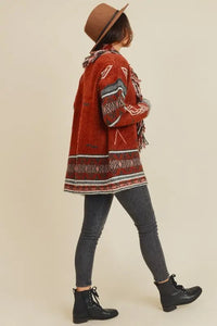 Sienna Aztec Open Front Fringe Cardigan Jolie Vaughan | Online Clothing Boutique near Baton Rouge, LA, on trend, cardigan, layering, add jeans, rich colors, women's clothing, mature women's clothing, clothing for women, afterpay