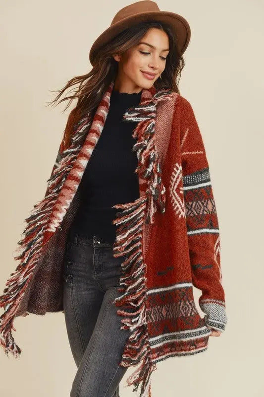 Sienna Aztec Open Front Fringe Cardigan Jolie Vaughan | Online Clothing Boutique near Baton Rouge, LA Sienna Aztec Open Front Fringe Cardigan Jolie Vaughan | Online Clothing Boutique near Baton Rouge, LA, on trend, cardigan, layering, add jeans, rich colors, women's clothing, mature women's clothing, clothing for women, afterpay