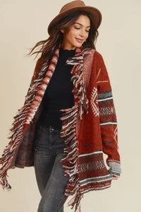 Sienna Aztec Open Front Fringe Cardigan Jolie Vaughan | Online Clothing Boutique near Baton Rouge, LA Sienna Aztec Open Front Fringe Cardigan Jolie Vaughan | Online Clothing Boutique near Baton Rouge, LA, on trend, cardigan, layering, add jeans, rich colors, women's clothing, mature women's clothing, clothing for women, afterpay