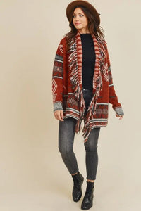 Sienna Aztec Open Front Fringe Cardigan Jolie Vaughan | Online Clothing Boutique near Baton Rouge, LA, on trend, cardigan, layering, add jeans, rich colors, women's clothing, mature women's clothing, clothing for women, afterpay
