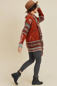 Sienna Aztec Open Front Fringe Cardigan Jolie Vaughan | Online Clothing Boutique near Baton Rouge, LA, on trend, cardigan, layering, add jeans, rich colors, women's clothing, mature women's clothing, clothing for women, afterpay