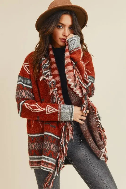 Sienna Aztec Open Front Fringe Cardigan Jolie Vaughan | Online Clothing Boutique near Baton Rouge, LA, on trend, cardigan, layering, add jeans, rich colors, women's clothing, mature women's clothing, clothing for women, afterpay