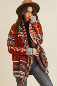 Sienna Aztec Open Front Fringe Cardigan Jolie Vaughan | Online Clothing Boutique near Baton Rouge, LA, on trend, cardigan, layering, add jeans, rich colors, women's clothing, mature women's clothing, clothing for women, afterpay