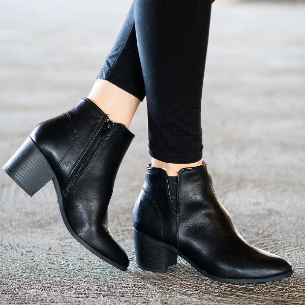 Booties- black booties- Boots- women booties- womens booties- booties shoes- heel booties- Shoes- white booties- ankle booties- booties for women-Topanga Leather Slip-On Booties Jolie Vaughan Mature Women's Clothing Online Boutique