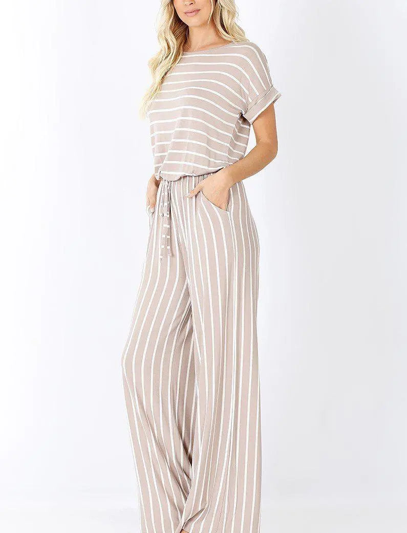 Striped Short Sleeve Jumpsuit Mature Women s Jumpsuits Rompers