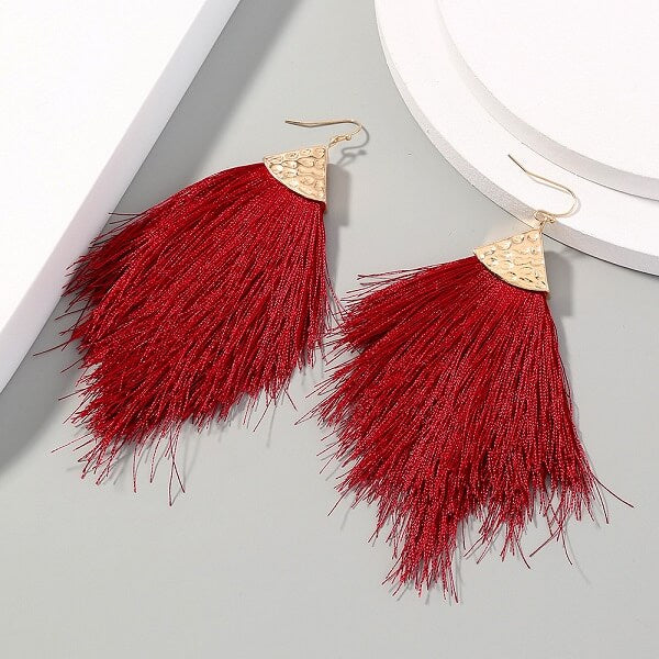 Burgundy Tassel Fringe Earrings