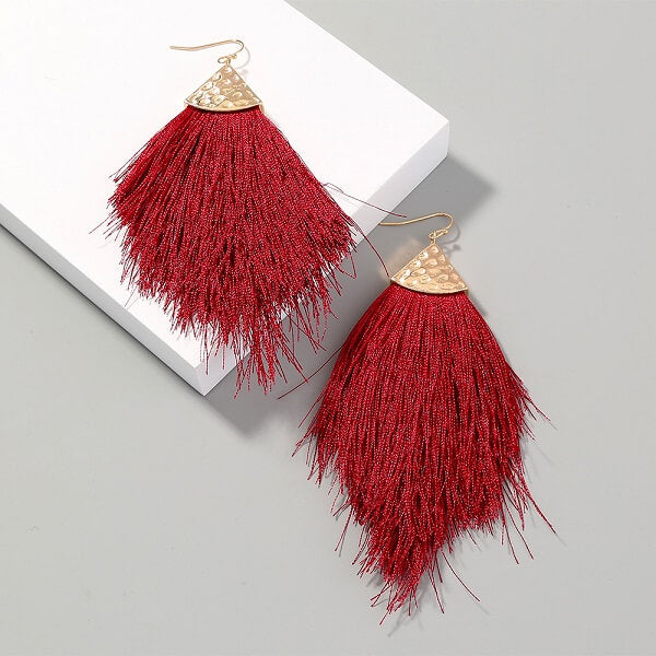 Burgundy Tassel Fringe Earrings