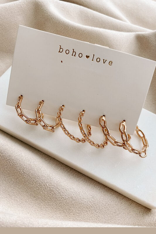 Chain Gold Hoop 3-Piece Earrings Set