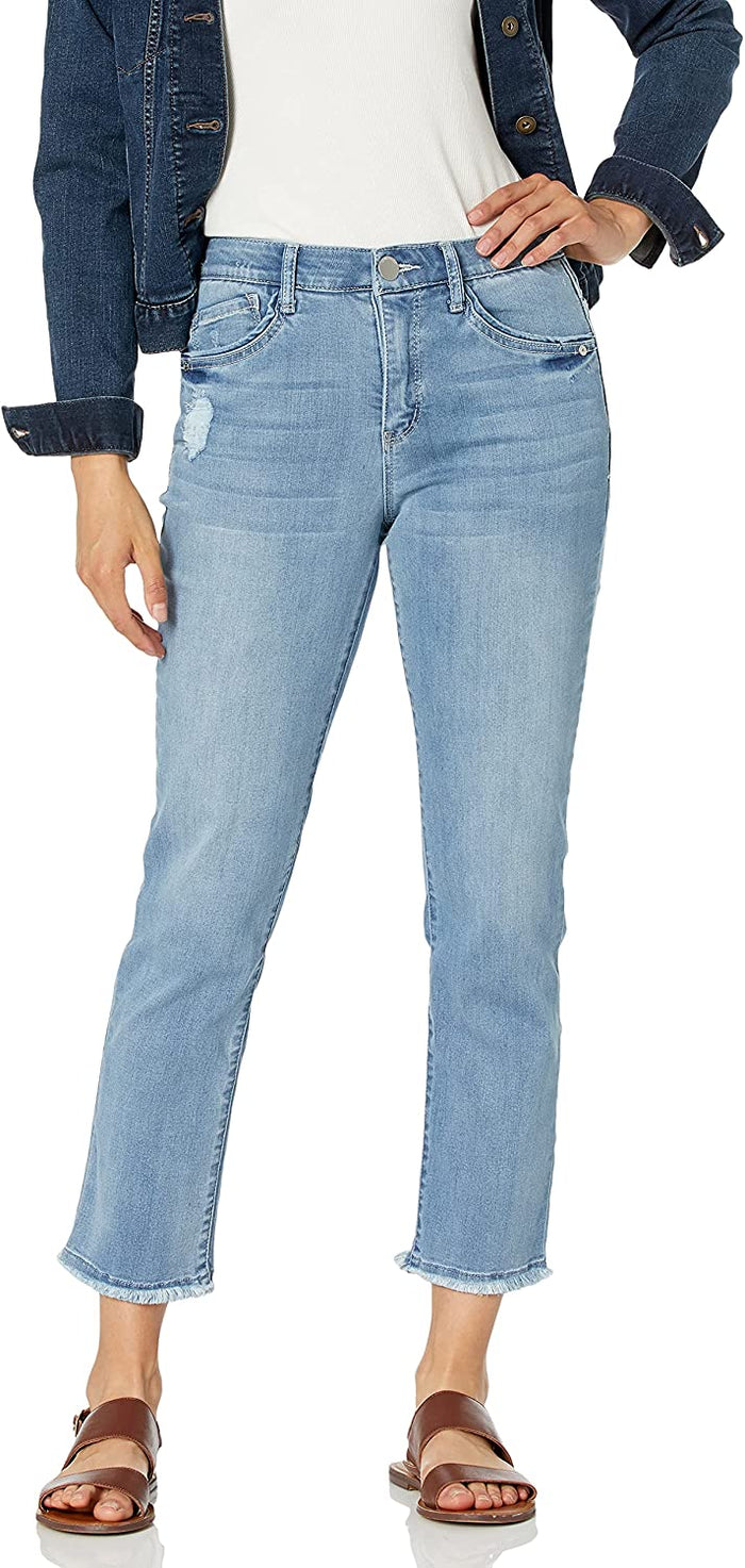 Light-blue wash High-waisted slim straight-leg jeans whiskering, hand sanding, and distressing throughout Zip-front button closure Five-pocket style The strategically placed coin pocket provides a figure-flattering look.