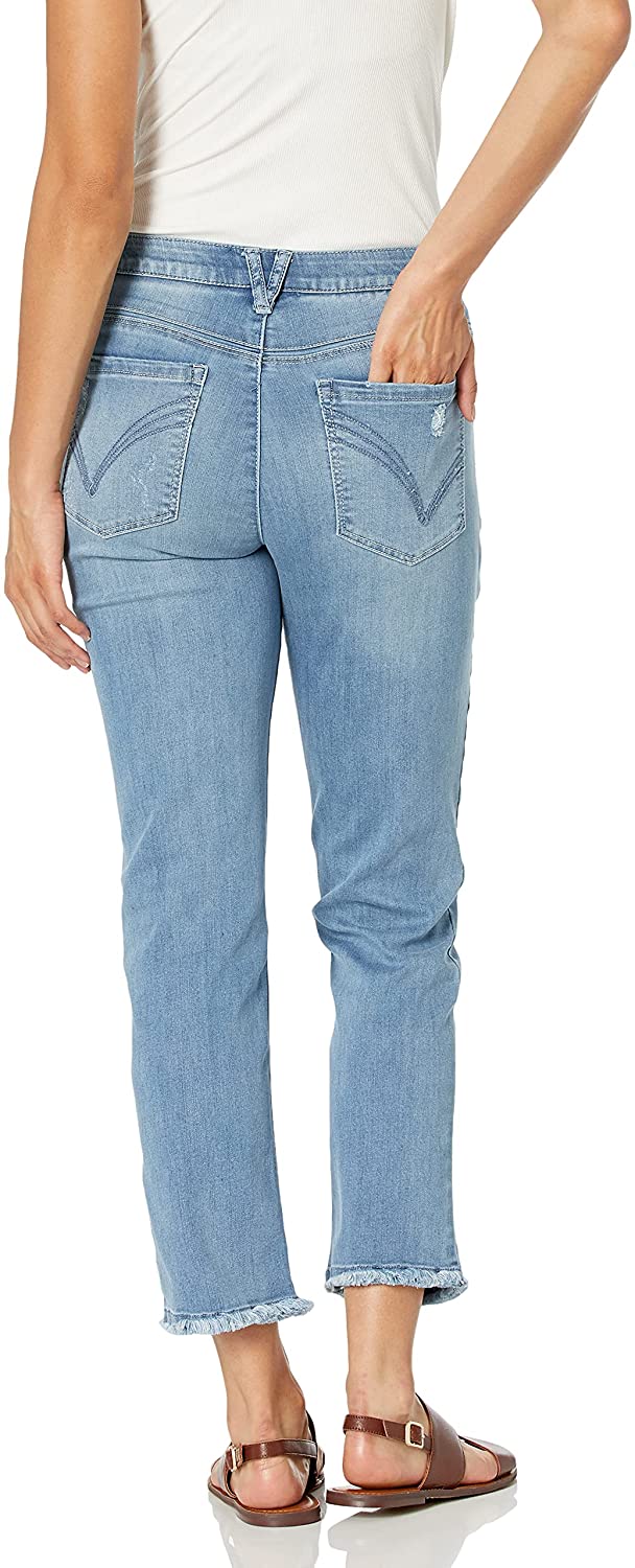 Light-blue wash High-waisted slim straight-leg jeans whiskering, hand sanding, and distressing throughout Zip-front button closure Five-pocket style The strategically placed coin pocket provides a figure-flattering look.