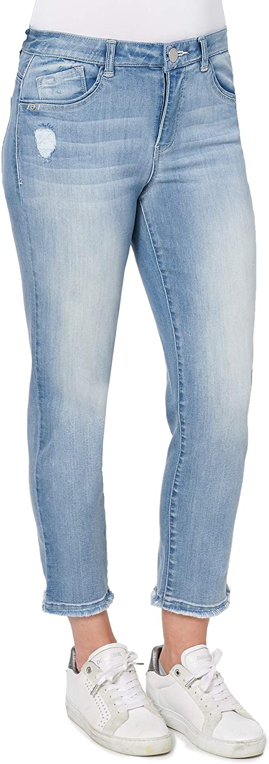 Light-blue wash High-waisted slim straight-leg jeans whiskering, hand sanding, and distressing throughout Zip-front button closure Five-pocket style The strategically placed coin pocket provides a figure-flattering look.